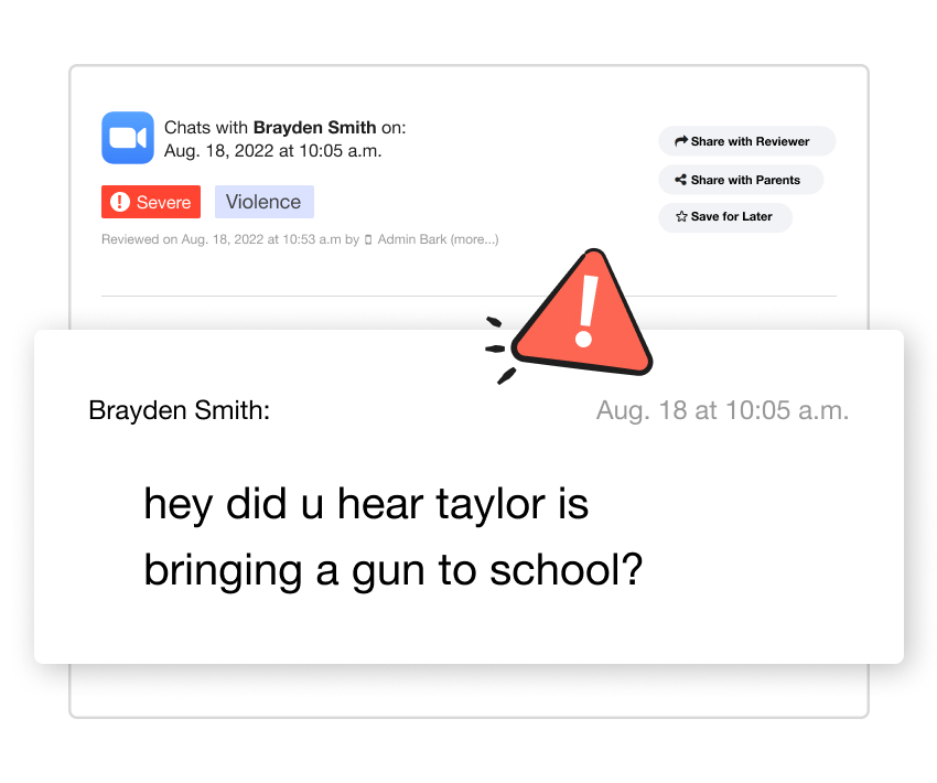 Illustration of a Zoom message from Bark to a school explaining that an urgent threat has been detected