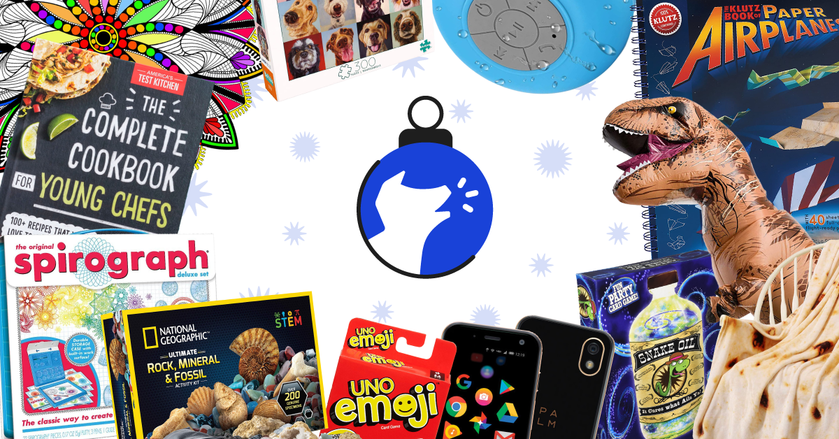 Gifts for tweens Cut outs of various gifts for teens and tweens, with a Bark ornament in the center