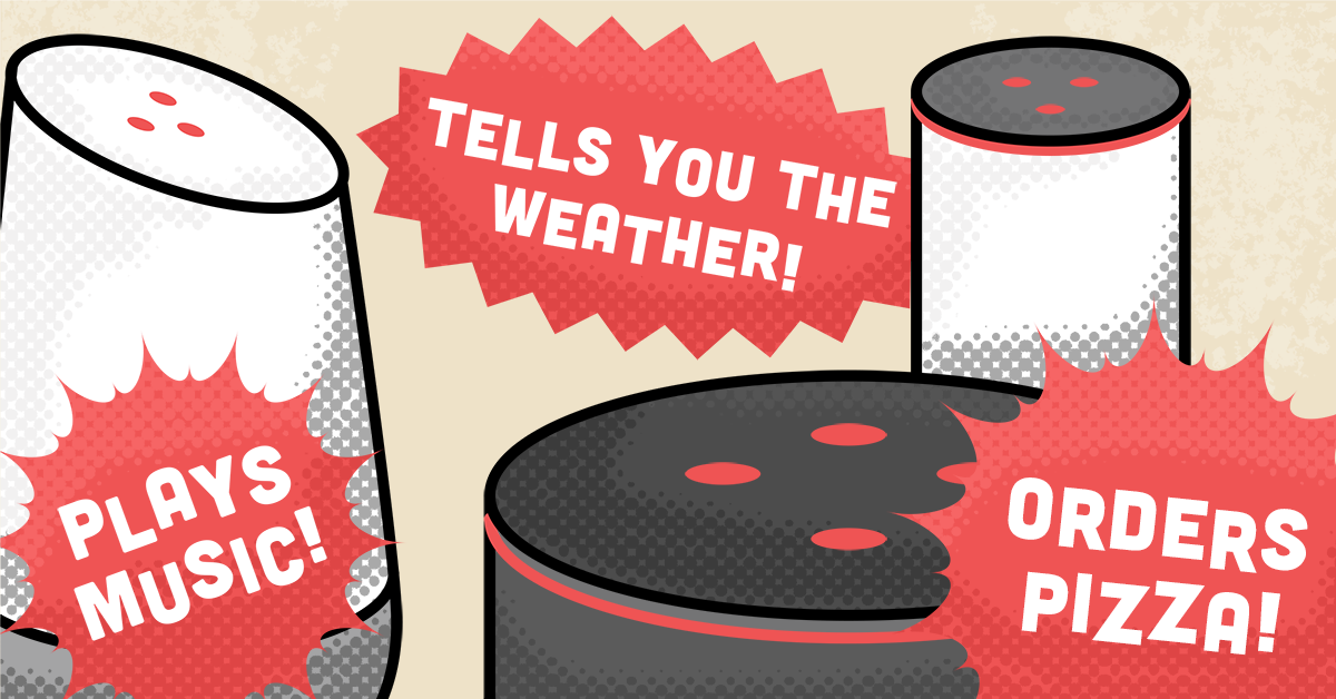 Smart Speakers Three smart speakers with speech bubble commands