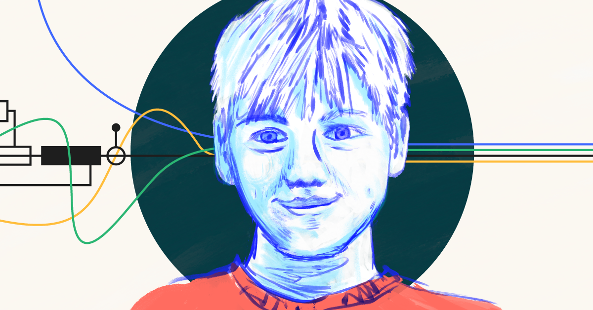 Autism Awareness Month A sketch portrait of a child with technological designs in the background