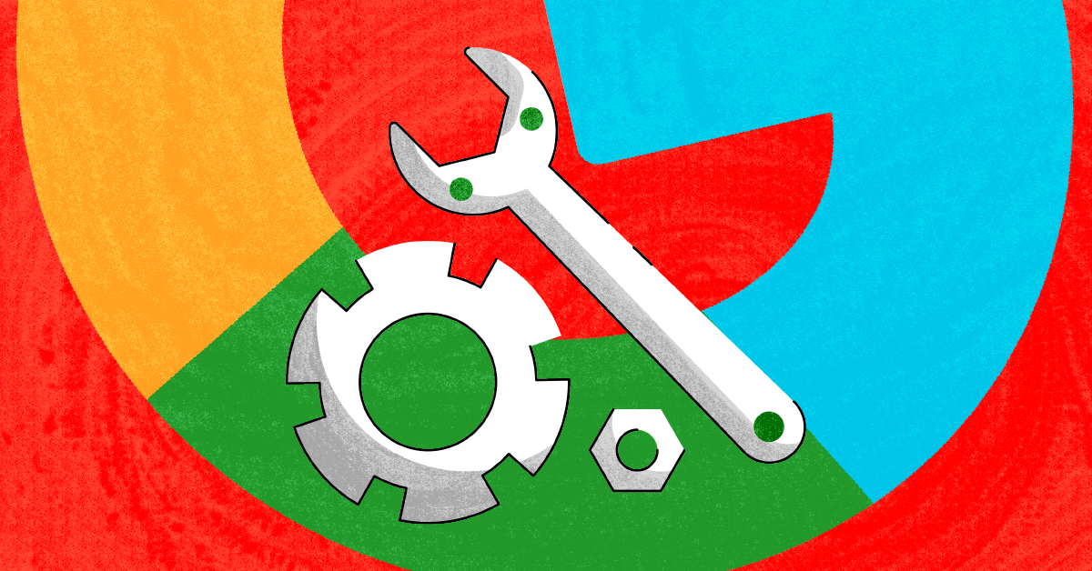 Settings on Chromebooks A cog, wrench, and nut with the Google logo in the background