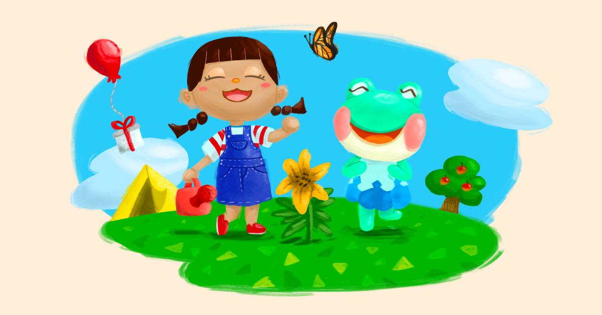 Animal Crossing A young girl and a frog smiling in a sunny meadow