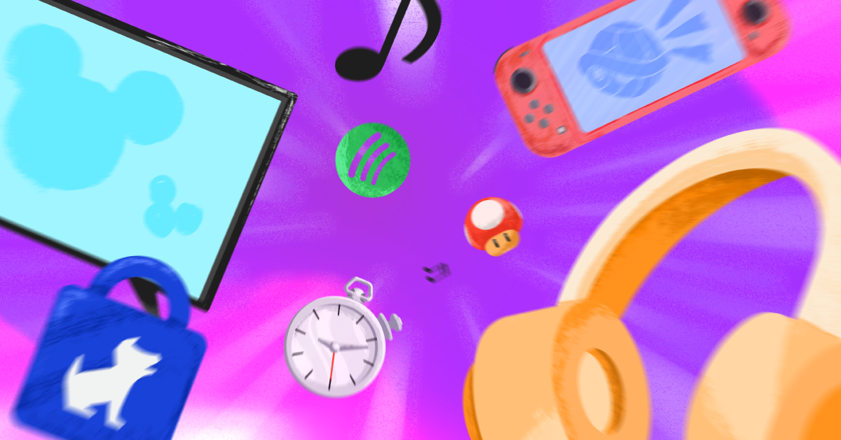 Streaming Sites Various devices and apps in motion on a bright purple background