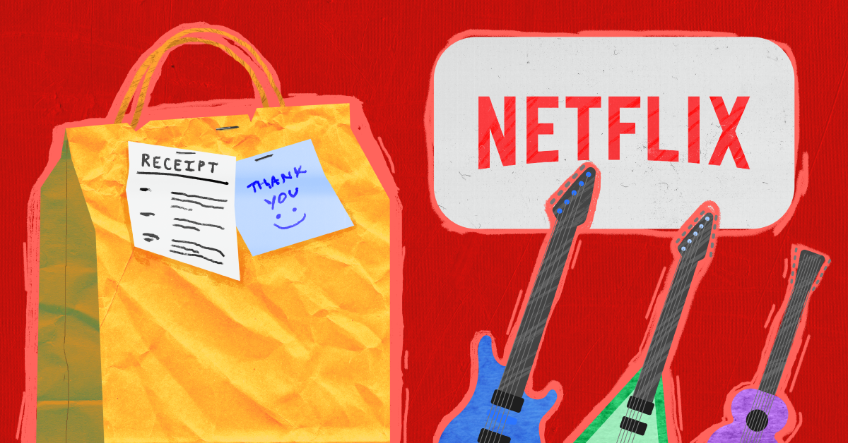 Parenting in a Pandemic A takeout bag, the Netflix logo, and some electric guitars against a red background