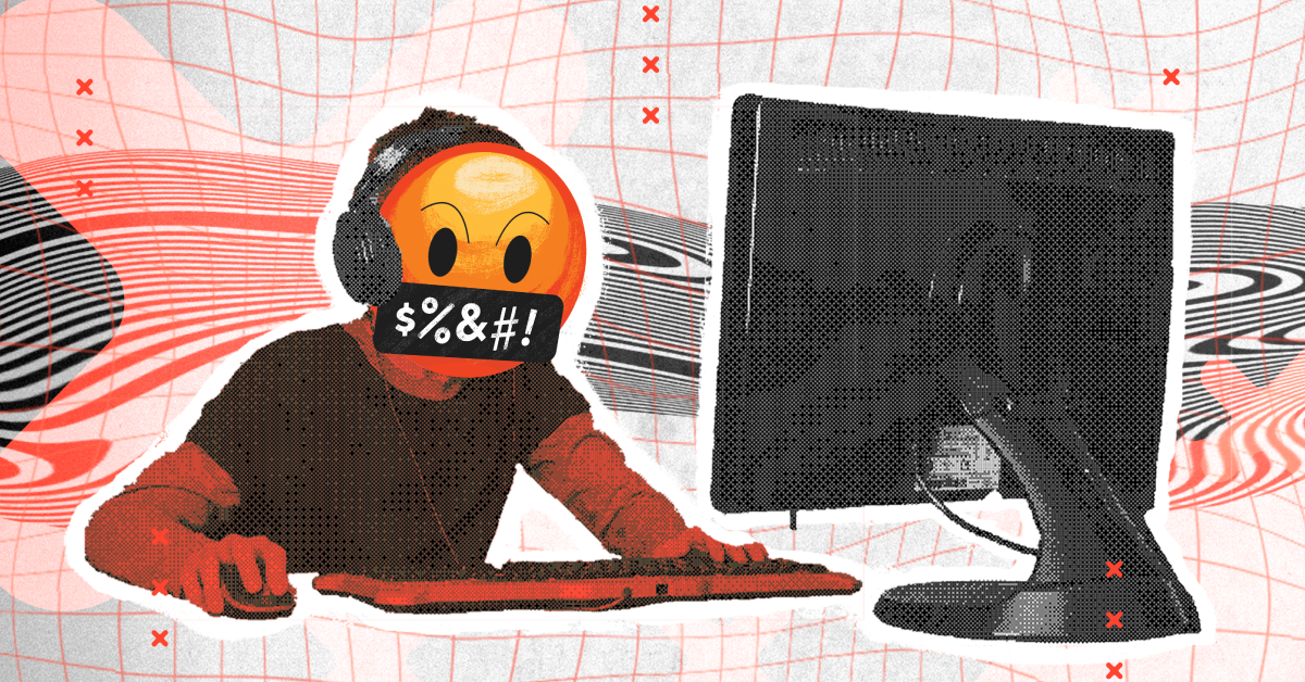 acts of violence A futuristic picture of a child on the computer with the angry cursing emoji as a face