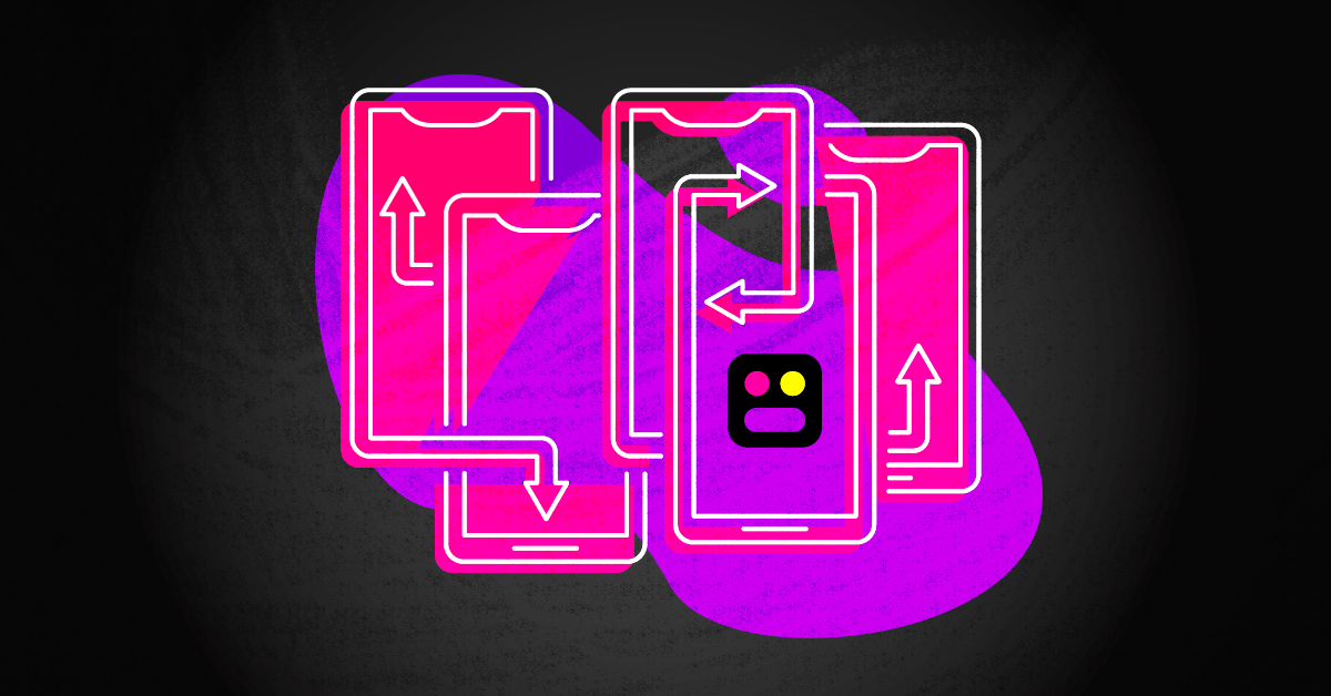 Squad app The squad logo in front of several hot pink and purple phone outlines