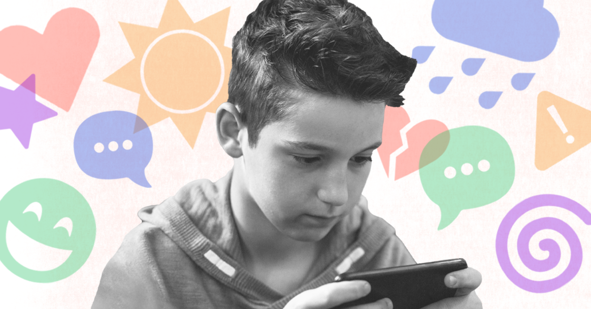 LGBTQ+ Mental Health A child looks at their phone with faded multicolored emojis in the background