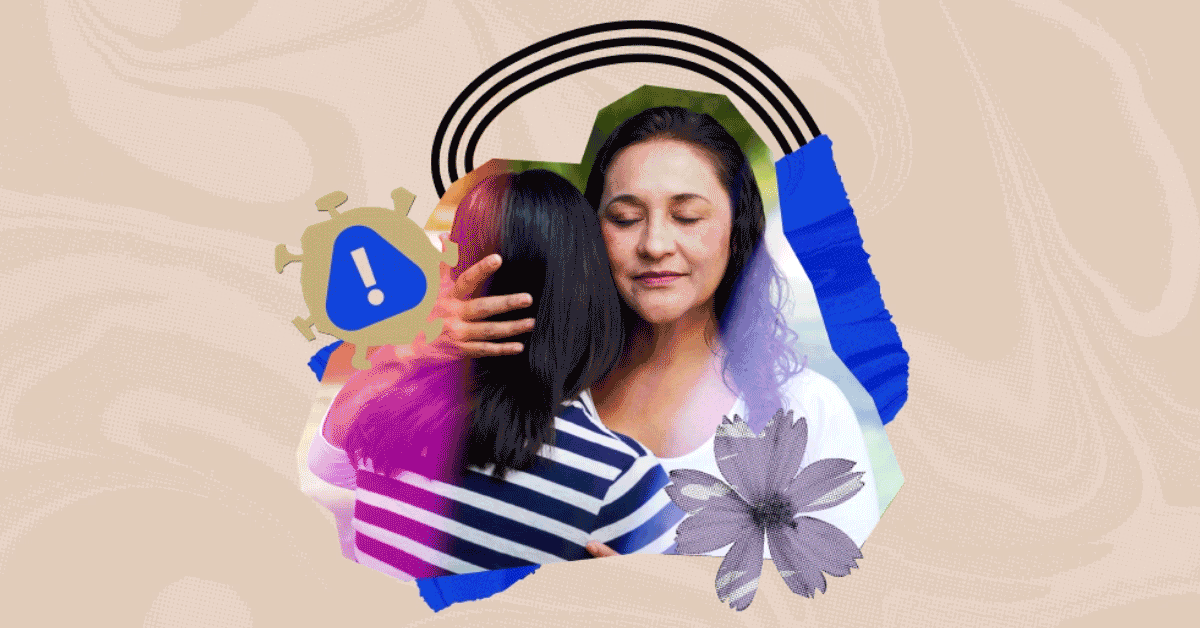 Suicide Awareness Month A parent and child embracing with a flower and arch around them