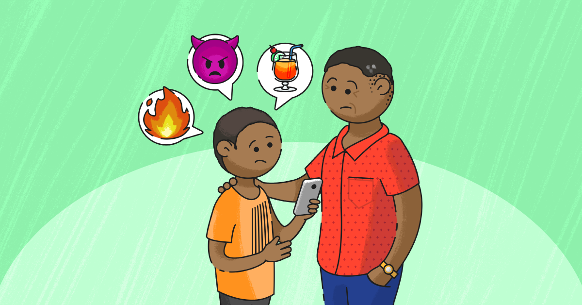 Difficult Topics A father and son talking with a mint green background and troublesome emojis