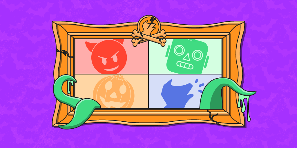 Halloween Activities for Kids spooky emojis in a picture frame on a purple background