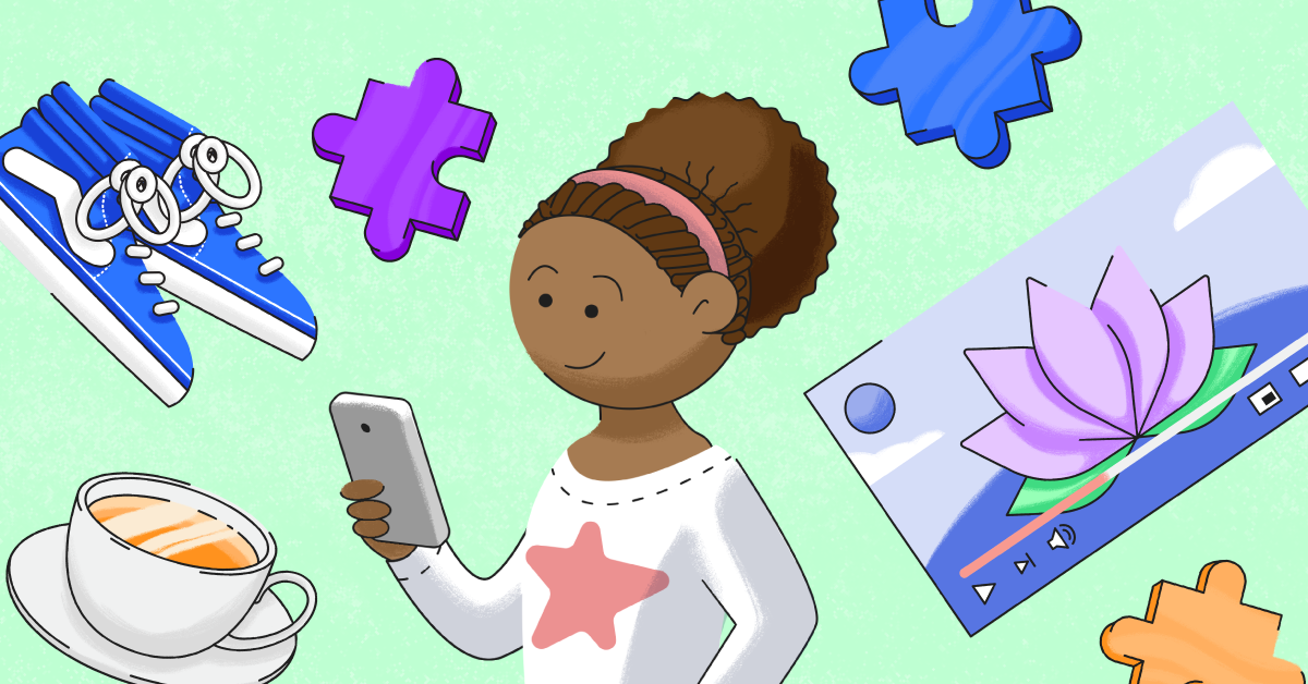 Self Care Ideas A child against a green background with sneakers, puzzle pieces, tea, and a video screen