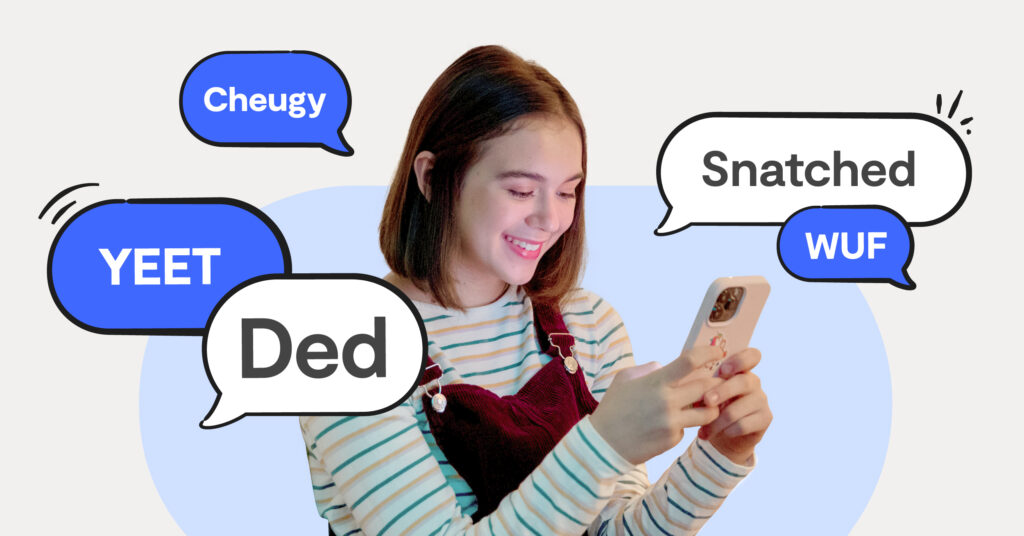 Teen slang illustrated with bright words and emojis