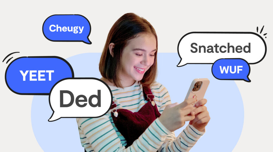 Teen slang illustrated with bright words and emojis