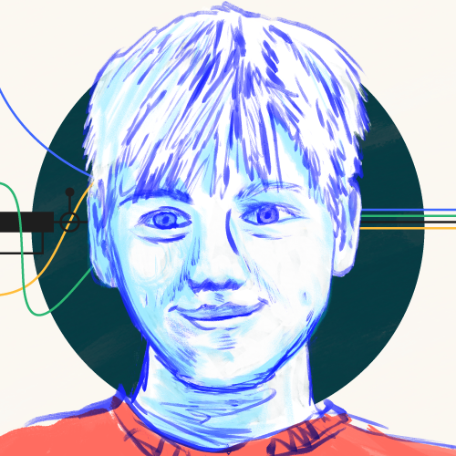 A sketch portrait of a child with technological designs in the background