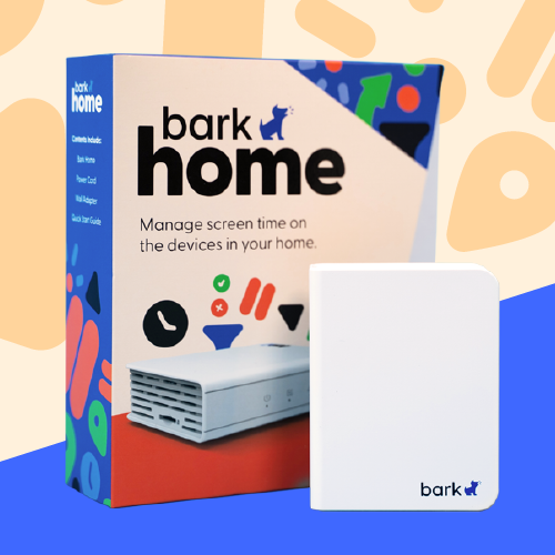 The Bark Home and box with blue, orange, green, and black shapes in the background