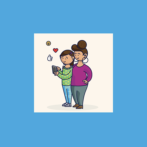 Illustration of mother and daughter with daughter using her phone.