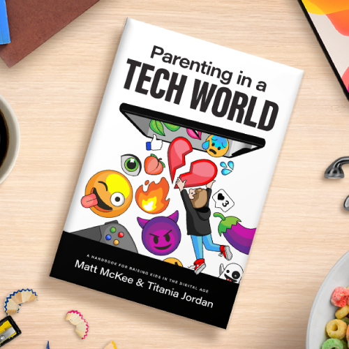 The Parenting in a Tech World book cover with various household objects beside it on a table