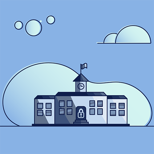 Illustration of a school with blue sky and clouds