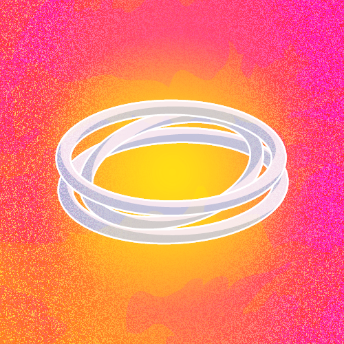 A pile of white rings against a pink and orange background