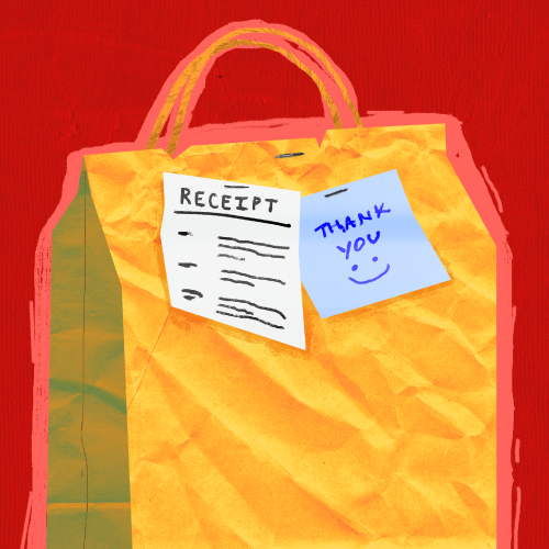 A takeout bag against a red background