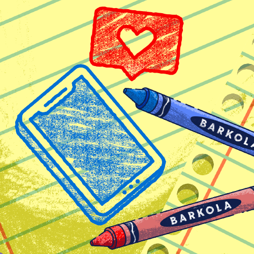Red and blue crayons on top of sheets of notebook paper