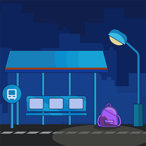 Illustration of a bus stop at night with a backpack on the ground