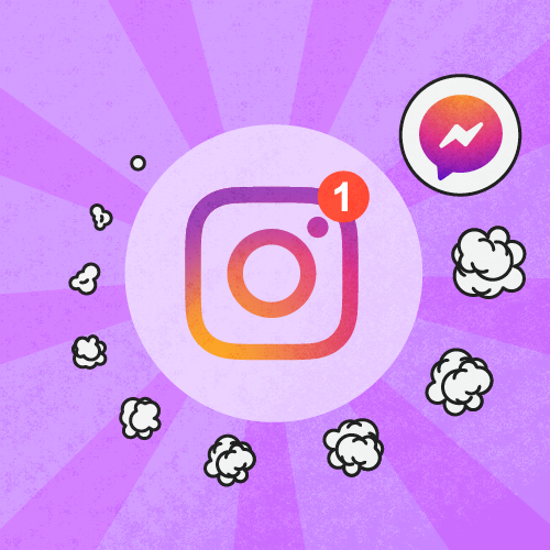 The Instagram logo on a soft purple background with some fluffy clouds around it