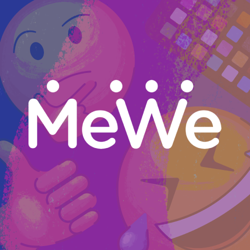 The MeWe logo against a multicolored emoji background