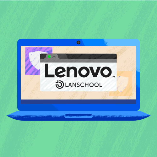 The Lenovo LanSchool logo on the screen of a laptop