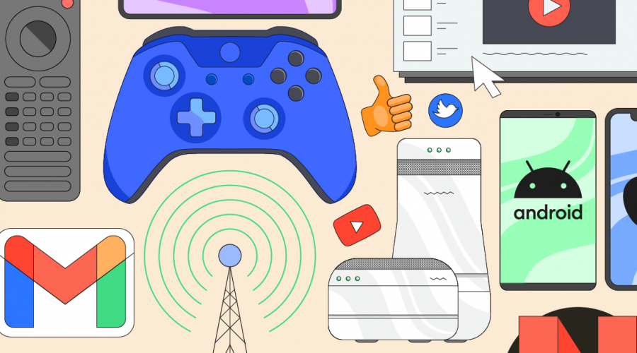 Parental control guide illustrated by a blue Nintendo controller, Android phones, a Switch, the YouTube logo, and more