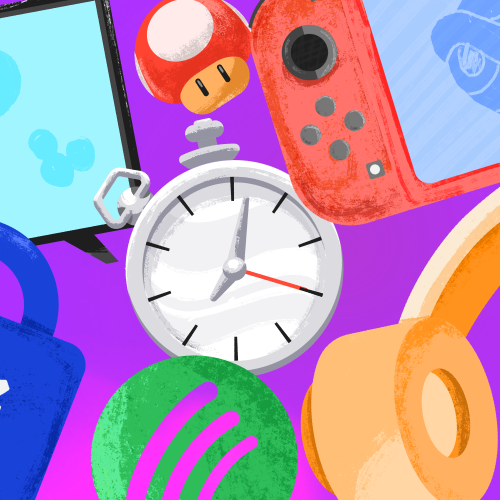 A clock, tablet, set of headphones, music note, Spotify logo, and more against a purple background