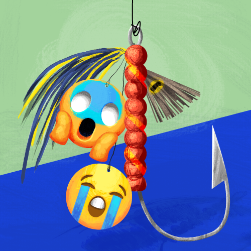 Two emojis dangle from a fishing hook