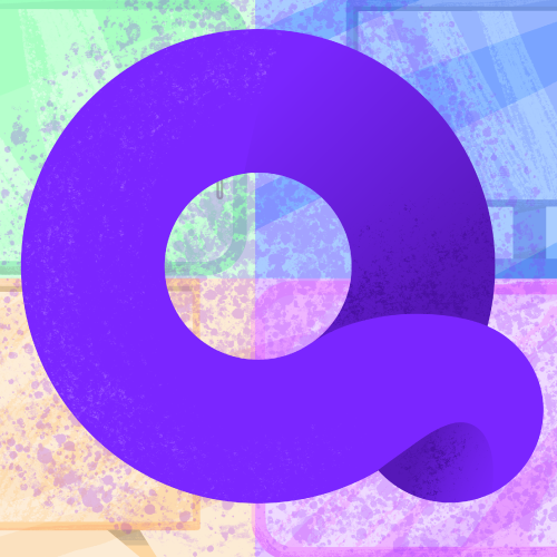 The Quibi logo against a green, blue, orange, and pink background