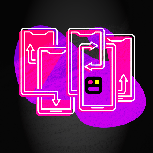 The squad logo in front of several hot pink and purple phone outlines