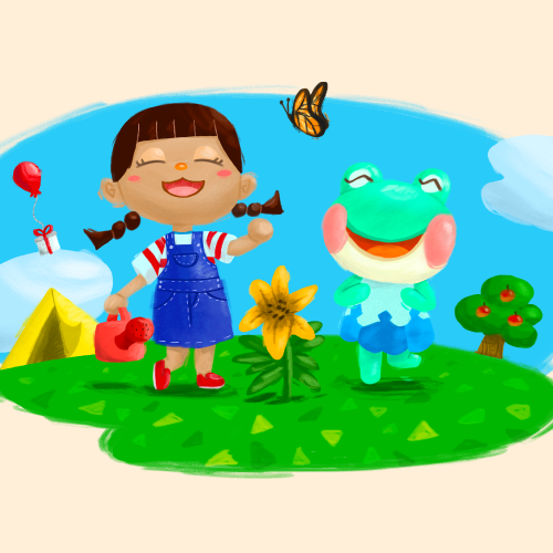 A young girl and a frog smiling in a sunny meadow