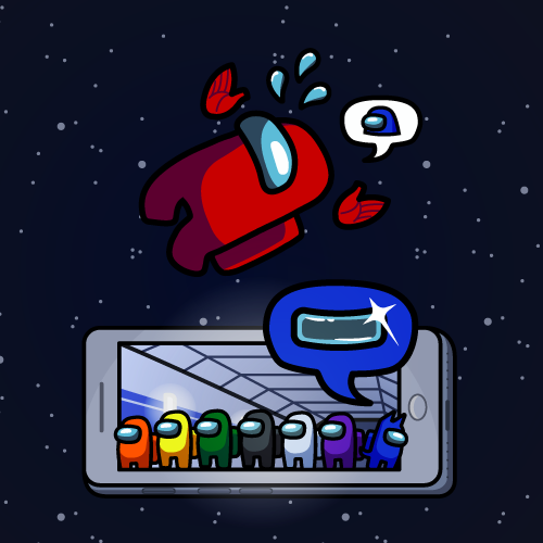 Multicolored characters from Among Us coming out of a phone with a spaceship theme