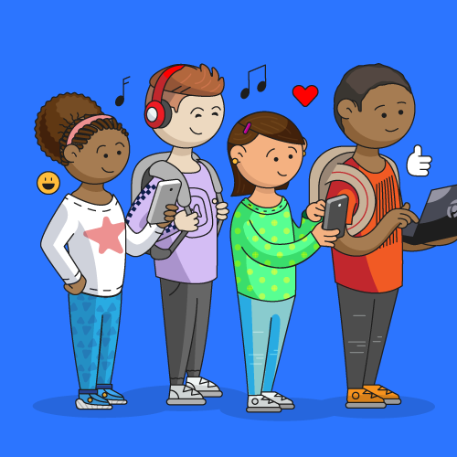 Autistic kids in a group on different devices against a blue background