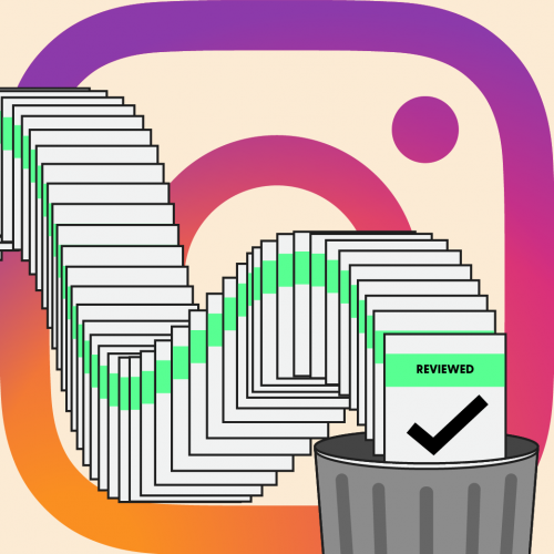 Instagram report illustrated with a long stack of papers filing into a grey garbage can with the Instagram logo in the background