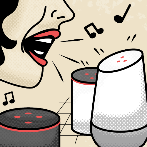 A woman is speaking to three smart speakers