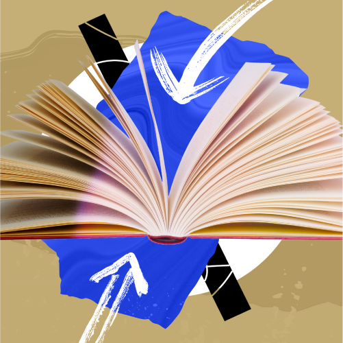 an open book with arrows pointing inside on a blue and brown background