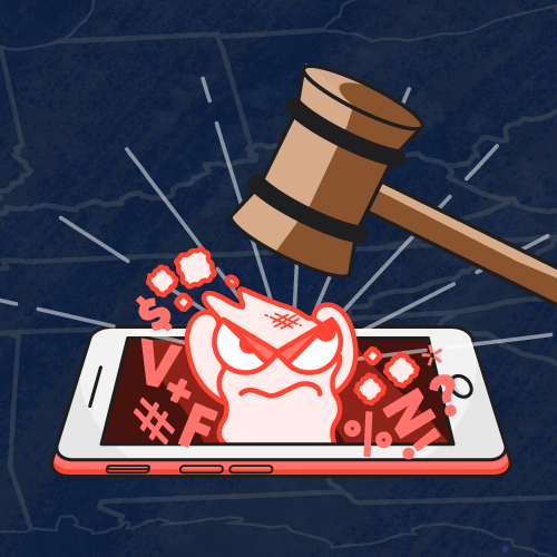 A gavel smashing a cyberbully ghost coming out of a phone
