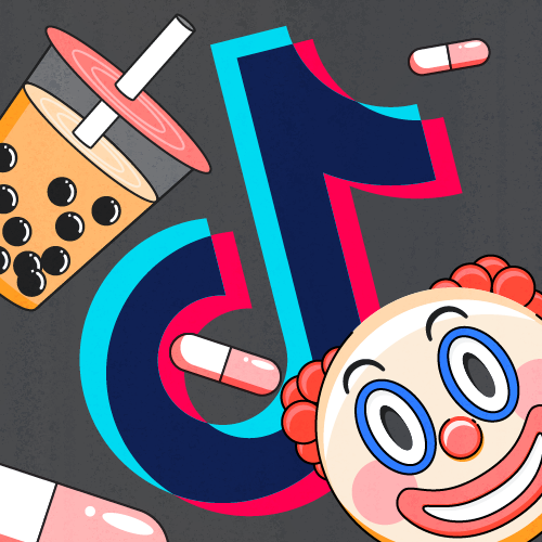 TikTok trends image with clown, pills, and boba tea