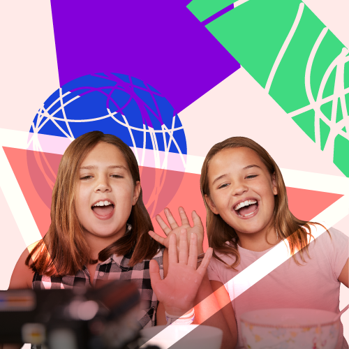 Two kids filming a YouTube video in front of a colorful, geometric background