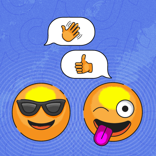 An emoji with sunglasses and an emoji sticking out its tongue on a cool blue background