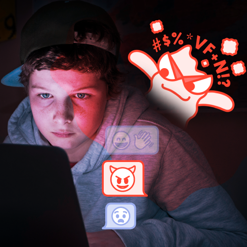 A stock image of a child with a ghost representing a cyberbullying looking over his shoulder