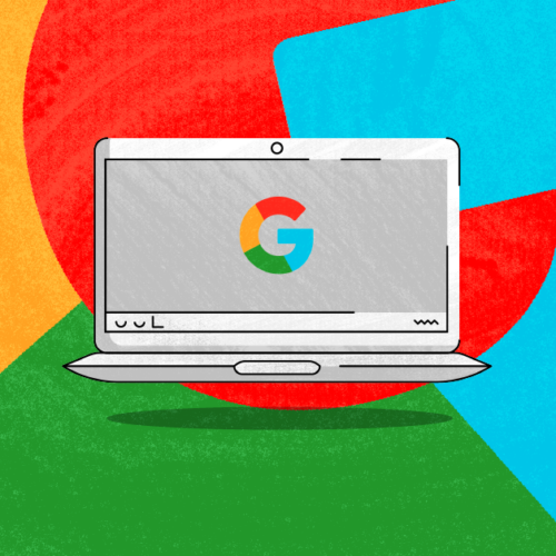Guide to Chromebook setup illustrated by a Chromebook against a bright background