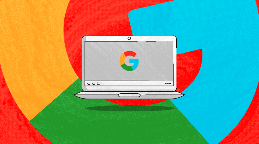 Guide to Chromebook setup illustrated by a Chromebook against a bright background