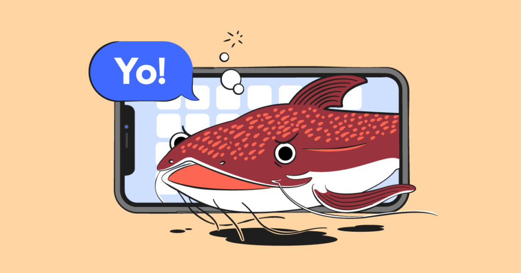 What is catfishing header image with fish in front of phone screen