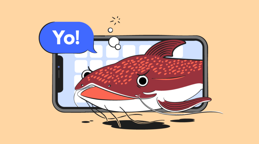 What is catfishing header image with fish in front of phone screen