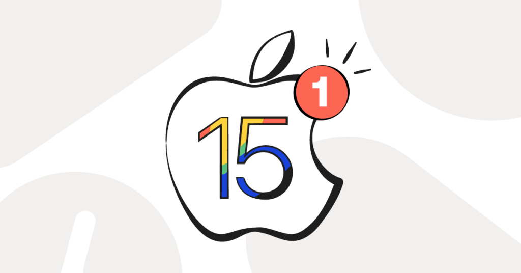 iOS 15 portrayed by the Apple logo with a multicolored 15 inside it